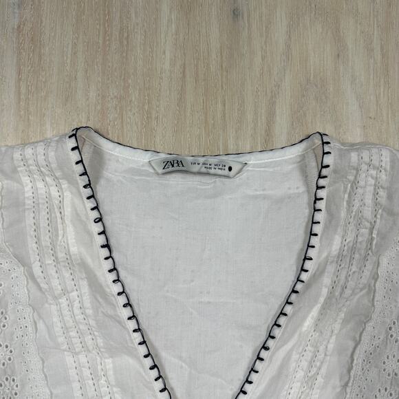 Zara White Eyelet Embroidered Puff Sleeve Boho Peasant Mini Dress Top Medium - Picture 5 of 12